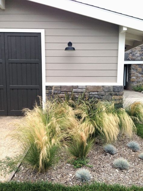 Great color combo for a home or garage. The color seem to have flow directly from the stone. The horizontal siding is contrasted by the vertical on the garage doors. Light Greige House Exterior, Perfect Griege Sherwin Williams Exterior, Sw Perfect Greige Exterior, Greige Outdoor Paint House Colors, Greige Siding Exterior, Light Greige Exterior House Colors, Perfect Greige Sherwin Williams Exterior, Greige Exterior House Colors White Trim, Greige House Exteriors