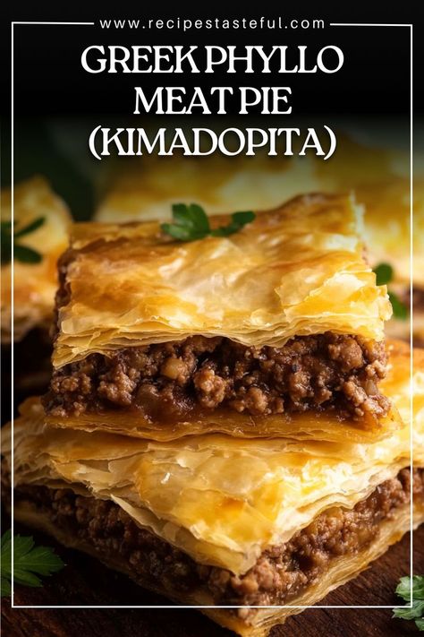 This traditional Greek Phyllo Meat Pie, also known as Kimadopita, is a savory pie filled with spiced ground meat, leeks, and onions, all encased in crispy, golden layers of buttery phyllo pastry. It's a comforting dish that's perfect for family gatherings, dinner parties, or as a hearty weeknight meal. The unique blend of allspice, cinnamon, and paprika gives it a rich Mediterranean flavor that will leave your taste buds craving more. Greek Leek Pie, Fillo Dough Ground Beef, Greek Meat Pie Phyllo Dough, Stuffed Phyllo Dough, Phyllo Crinkle Pie, Savory Recipes With Cinnamon, Turkey Pot Pie Phyllo Dough, Ground Beef Phyllo Recipes, Puff Pastry With Ground Beef