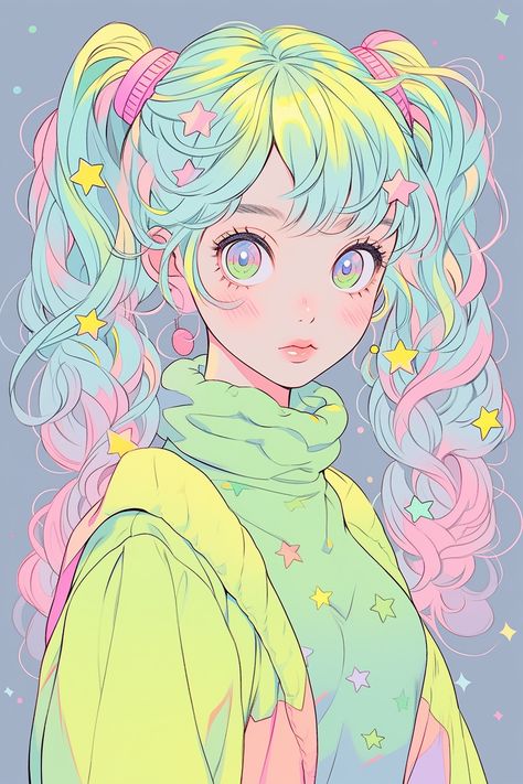 Magical Fruit, Pastel Colors, Pastel, Fruit, Stars, Drawings, Green, Hair, Anime