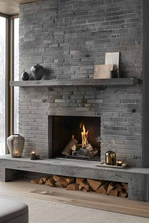 40 Beautiful Gray Brick Fireplace Ideas for a Modern Makeover Black Painted Brick Fireplace Ideas, Grey Painted Brick Fireplace, Dark Grey Fireplace Brick, Tile Over Brick Fireplace, Fireplace Makeover Brick, Grey Painted Fireplace, Gray Brick Fireplace, Fireplaces Makeover Modern, Grey Painted Brick