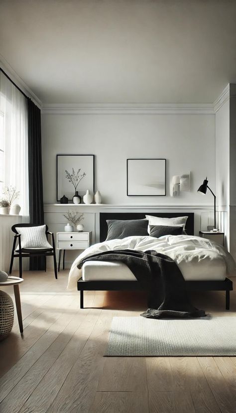 20+ Timeless Black and White Bedroom Ideas for a Classic Look 48 Desk Inspo Black And White, Black Bed In Bedroom, Black White Wood Bedroom, White Walls Bedroom Ideas, Bedroom Inspirations Black And White, Classic Apartment Decor, Indy Room, Bedroom Ideas Black And White, White Black Interior