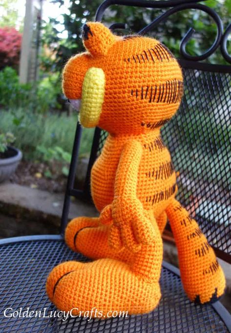 Crochet Garfield, Design by Erin’s Toy Store - GoldenLucyCrafts Crochet Garfield Pattern Free, Garfield Crochet Pattern, Garfield Crochet Pattern Free, Crochet Garfield, Lost In Time Shawl, Crochet Supplies, Favorite Cartoon Character, Crochet Tapestry, Crochet Cat