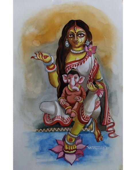 Durga with ganesha Durga Painting Artworks Abstract, Ganesha Artwork, Ma Durga, Sharpie Drawings, Shiva Shankar, Clay Fish, Durga Painting, Mata Rani, Ganesh Ji