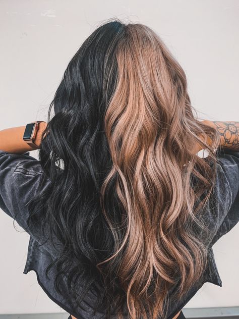 Split Brown And Black Hair, Hair Color 2023 Money Piece, Black With Blonde Peekaboo Highlights, Panel Dyed Hair, Edgy Strawberry Blonde Hair, Color Block Hair Natural Colors, Dark Brown Light Brown Split Dye, Black And Colored Hair Ideas, Split Dye Balayage