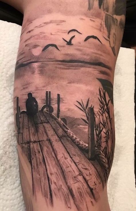 Fishing Half Sleeve Tattoo, Lake Dock Tattoo Ideas, Fishing Tattoo For Men Forearm, Lake Tattoo Sleeve, Dock Tattoos, Father Daughter Fishing Tattoos, Tattoo Pesca, Dock Tattoo, Pier Tattoo