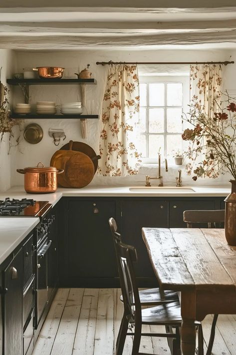 How to Achieve the English Country Look in Your Kitchen - Kitchen Informant English Kitchen Decor, Black Cottage Kitchen, Moody Cottage Kitchen, Dark Cottage Kitchen, 1800s Mansion, Mansion Remodel, White Kitchen Walls, Modern English Cottage Interiors, British Country Kitchen