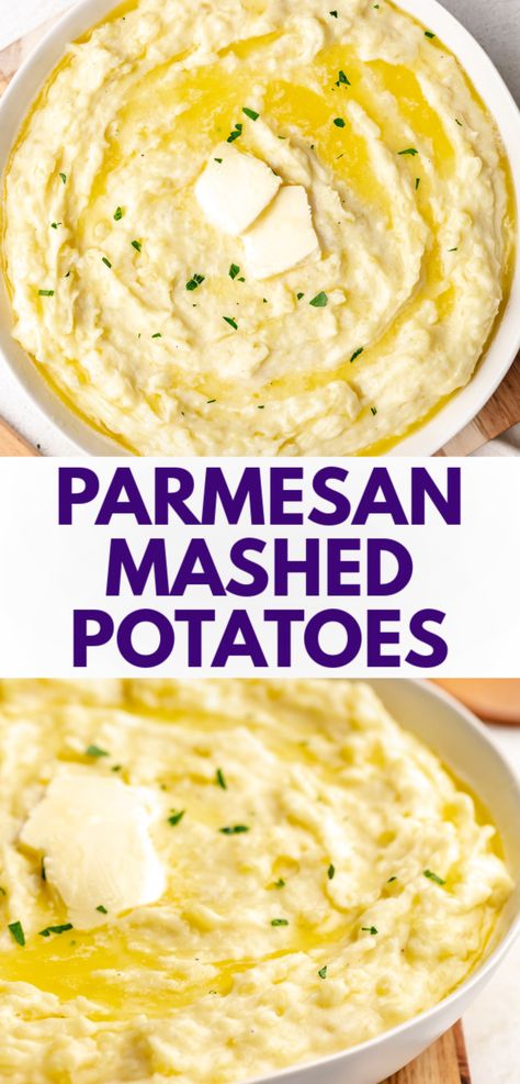 Collage showing 2 photos of mashed potatoes in a serving dish. Parmesan Crusted Mashed Potatoes, Garlic Whipped Mashed Potatoes, Perfect Mashed Potatoes Recipes, Quick Mashed Potatoes, Garlic Parmesan Mashed Potatoes, Mashed Potatoes Recipe Easy, Creamy Garlic Mashed Potatoes, Garlic Mashed Potatoes Recipe, Mashed Potato Recipe