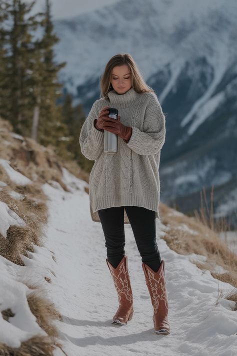 12 Winter Outfits with Cowgirl Boots to Inspire Your Style – fashionbylina.com Leggings Cowgirl Boots Outfit, Cream Cowboy Hat Outfit, Cowgirl Snow Outfits, Rustic Winter Outfits, Winter Outfits Cowgirl Boots, Sedona Winter Outfits, Winter Country Girl Outfits, Coastal Cowgirl Winter, Mountain Outfit Winter Cold Weather