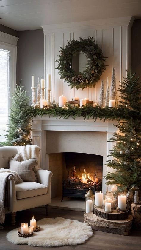 Christmas Decor Ideas For Fireplace Cozy, Mirror In Fireplace With Candles, Candles By Fireplace, Christmas Hearth Decor Mantle Ideas, Elegant Winter Decor, Christmas Mantle With Candles, Christmas Home Interior, Rustic Christmas Fireplace Decor, Mantle Candle Decor