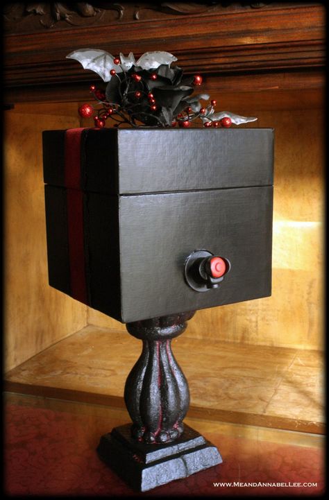 How to build a Goth It Yourself Holiday Boxed Wine Dispenser | Die Cut Bats Topper | All you can drink wine | Christmas Crafts | Gothic Living | DIY | Trash to Treasure |Red and Black | www.MeandAnnabelLee.com Box Wine Dispenser Diy, Diy Halloween Drinks, Beer Crafts, Dispenser Diy, Wooden Box Diy, Wine Dispenser, Holiday Box, Wine Gift Boxes, Halloween Drinks