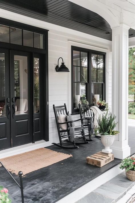 Elegant Black and White Porch Ideas | Upgrade Now White Porch Ideas, Black And White Porch Ideas, Black And White Porch, Summer Front Porch Decor, Porch Interior, White Porch, Summer Porch Decor, Porch Styles, Porch Windows