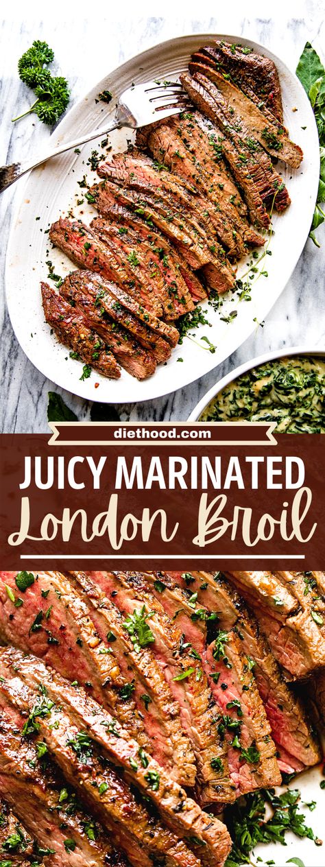 Juicy Marinated London Broil Steak is simply amazing! Herbs, spices, Worcestershire sauce, soy sauce and apple cider vinegar combine to make the most delicious London Broil you’ve ever tasted! Marinated London Broil, Diethood Recipes, London Broil Steak, London Broil Marinade, London Broil Recipe, Brazilian Steak, Broiled Steak, London Broil Recipes, Anti Inflamatory