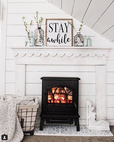 Screen Shot 2018-05-07 at 9.29.11 PM Faux Fireplace Mantels, Faux Fireplace Diy, Sweet Ideas, Farmhouse Fireplace, Faux Fireplace, Pellet Stove, Diy Fireplace, Fireplace Surrounds, Farmhouse Living