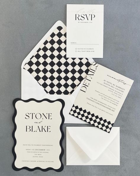 DESIGNER’S NOTES: When working with Stone on her custom invitations, we leaned heavily into a modern black and white style, but with fun typography and shapes to add a touch of whimsy. A wave die-cut card is the star of the show, with retro black and white checkered detailing throughout. 🖤 #pcdcustom #blackandwhitewedding #blackandwhiteweddinginvitations #neutralweddinginvitations #modernwedding #modernweddinginvitation #whimsicalwedding #scallopedstationery #scallopedinvitation #thearlo #ar... Free Printable Wedding Invitation Templates, Retro Black And White, Fun Typography, Cricut Wedding, Black And White Wedding Invitations, White Wedding Invitations, Black Wedding Invitations, Black Invitation, Black White Wedding