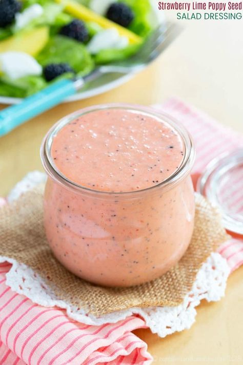 Strawberry Lime Poppy Seed Salad Dressing is an easy vinaigrette you can make in your blender. Fresh, healthy, and perfect for all of your summer salads. This recipe is also gluten free, paleo, and can be made vegan. #cupcakesandkalechips #saladdressing #strawberries #vinaigrette #glutenfree #paleo #healthyrecipe Poppy Seed Salad Dressing, Poppy Seed Vinaigrette, Poppy Seed Salad, Healthy Dressing Recipes, Lime Salad Dressing, Dressing For Fruit Salad, Seed Salad, Salad Dressing Recipes Healthy, Poppyseed Dressing