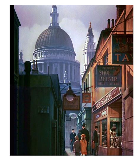 St Pauls dome has never looked as glorious as it does here from the brush of Peter Ellenshaw. A magnificent matte that also is composited as a tilt down signature shot. Almost the entire frame here is painted with only a small 'pocket' of live action and one shop window being real. Matte Shot - a tribute to Golden Era special fx: MARY POPPINS - the supercalifragulous visual effects of a Disney favourite Mary Poppins London, Mary Poppins Movie, Animated Anatomy, Mary Poppins 1964, Jane And Michael, Walt Disney Pictures, Disney Favorites, Matte Painting, Mary Poppins