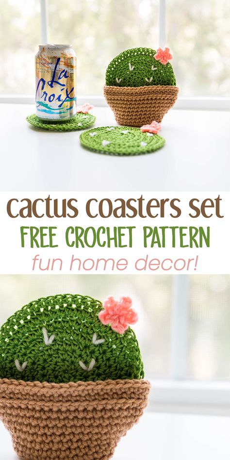 Crochet these cute cactus coasters for some trendy home decor that's handmade! It's a free pattern that comes with the planter pattern too - crochet a bunch for your next housewarming gift or for your very own patio #freepattern #crochet #DIY Cactus En Crochet, Cactus Coasters, Coaster Patterns, Crochet Coasters Free Pattern, Crochet Cactus, Confection Au Crochet, Crochet Coaster, Crochet Coaster Pattern, Cute Cactus