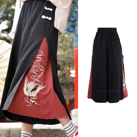 Cheap Asia & Pacific Islands Clothing, Buy Quality Novelty & Special Use Directly from China Suppliers:2022 New Japanese Women Harajuku High Waist Wide Leg Pants Crane Embroidery Loose Trousers Female Causal Calf Length Pants Enjoy ✓Free Shipping Worldwide! ✓Limited Time Sale ✓Easy Return. Japanese Harajuku Fashion Men, Japanese Pants Pattern, Crane Embroidery, Japanese Pants, Hakama Pants, Diy Pants, Japanese Street Wear, Island Outfit, Trouser Outfit