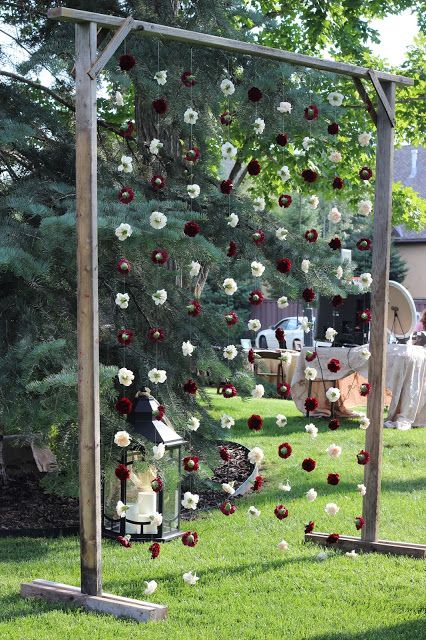 Merlot and Blush Wedding: rustic wood arch with hanging flowers // Celebration Flair. Hanging Arch Wedding, Wedding Altar Hanging Flowers, Garden Photobooth Ideas, Wedding Arch With Hanging Flowers, Hanging Floral Arch, Hanging Flower Arch, Wedding Arch Alternative Indoor, Arch With Hanging Flowers, Wedding Arch Alternative