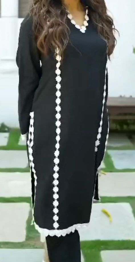 Black with white floral Lace Black Suit With White Lace Design, Pakistani Suits Casual, Black Kurti, Dress Designing, Simple Pakistani Dresses, Pakistani Suits, Black Suit, Black Dresses Casual, Casual Black