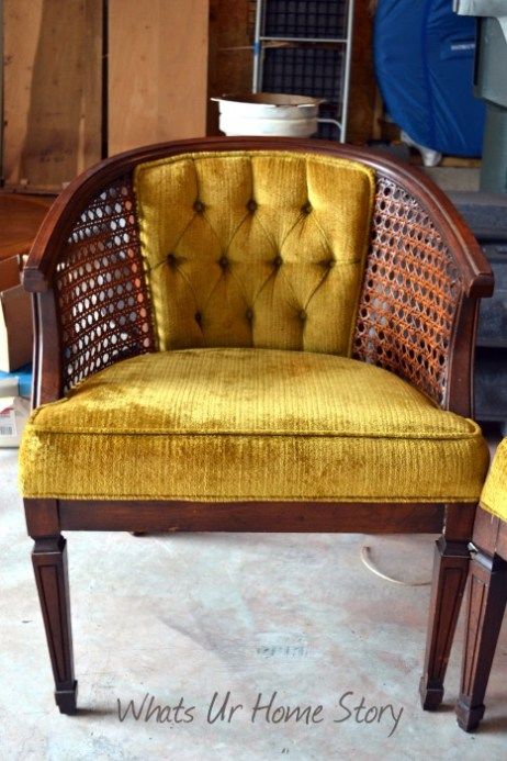 Barrel Cane Chair, Vintage Cane Chair, Cane Chair Redo, Cane Chair Makeover, Vintage Velvet Chairs, Messy Garage, Sala Set, Farmhouse Accent Chair, Cane Sofa