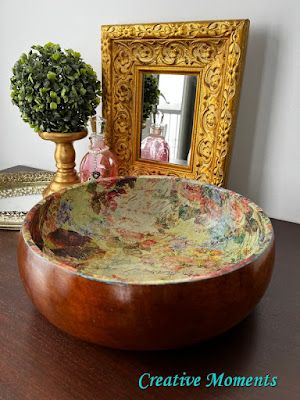 Wooden Bowl Rice Paper Makeover Wooden Bowls Diy, Large Wood Bowl, Milk Paint Furniture, Refinish Furniture, How To Blog, Wooden Dishes, Diy Bowl, Painted Desk, Painted Chairs