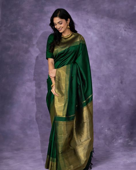 Leila | The Dark Beauty This bottle green Kanjeevaram silk saree has bavanchi border and zari checks interlocked with special double korvai technique. [Summer Collection, Kanchipuram silk saree, Tulsi Silks, Tulsi, Tulsi Weaves, Kanjeevaram Pattu, Handwoven sarees, Kanchipuram, Pure Silk Sarees, Handwoven silk saree, Trending silk saree, bridal silk saree] Green Pattu Saree, Dark Green Silk Saree, Bottle Green Saree, Saree Trending, Silk Saree Bridal, Tulsi Silks, Green Silk Saree, Pattu Silk Saree, Engagement Dress For Bride