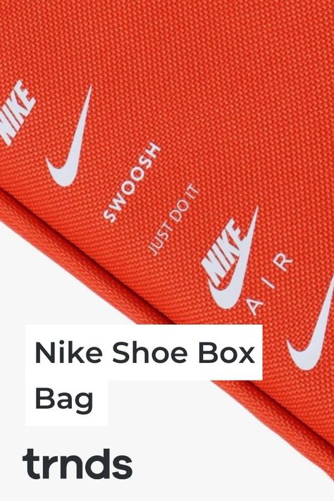 Nike Shoe Box Bag. Nothing or almost nothing is more recognizable than Nike‘s orange shoeboxes, and the brand knows it. So, to capitalize on this social recognition, Nike opted to turn the prominent Shoe Box into a rectangular bag. Using the exact same colours and embellishments as the box it was inspired by. Made from 100% polyester, the “Orange” bag sports a large white Swoosh-and-wordmark on the top while smaller graphics hit the sides. #nike #shoebox #bags #nikebag #shoebox Nike Shoe Box, Nike Bags, Nike Shoe, Orange Bag, Box Bag, Sport Bag, Large White, Shoe Box, Nike Logo