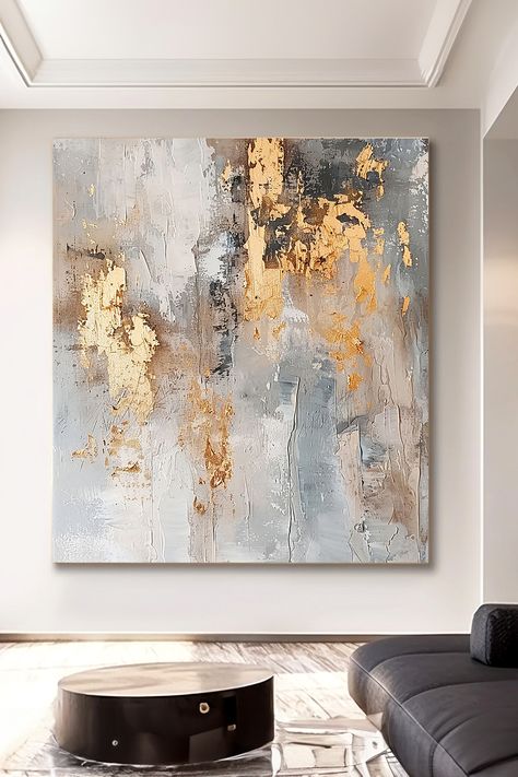 Original handmade gold leaf abstract painting with textured gray and white background, showcasing elegant brushstrokes and metallic accents Abstract Painting With Gold Foil, Gold And Silver Leaf Painting, Gold Leaf Figurative Art, Brown And Gold Abstract Painting, Wall Art Gold Leaf Neutral, Leaf Abstract, Gold Leaf Painting, Textured Canvas, Shades Of Gray