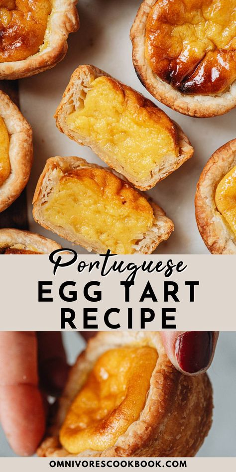 How to make Portuguese Egg Tarts. A Portuguese Egg Tart has a crunchy layered crust with a creamy custard filling. Serve for a brunch, snack, hostess gift and more! They are pretty, so tasty and vegetarian. Easy Portuguese Dessert Recipes, Hong Kong Egg Tart Recipe, Portuguese Egg Tart Recipe, Egg Custard Tart Recipe, Portuguese Pastry, Egg Pie Recipe, Chinese Egg Tart, Egg Tart Recipe, Portuguese Tarts