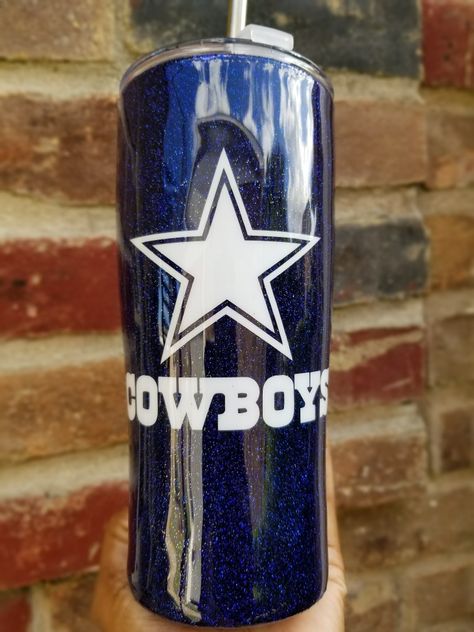 Cowboys glitter tumbler Tumbler Ideas, Custom Tumblers, Tumbler Cups, Dallas Cowboys, Energy Drink Can, Creative Ideas, Beverage Can, Craft Ideas, Tumbler