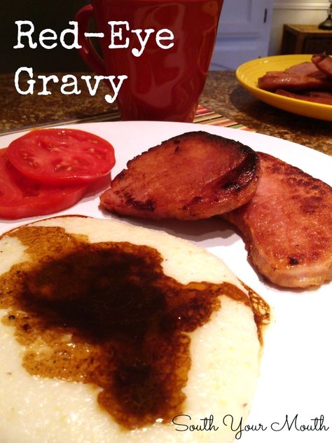 Red-Eye Gravy is a classic southern pan gravy made from country ham pan drippings. Country Ham And Red Eye Gravy, Gravy From Ham Drippings, Red Gravy Southern, Ham Gravy From Drippings, Ham Gravy, Red Eye Gravy, South Your Mouth, Bbq Potatoes, Pan Gravy