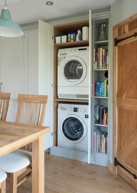 Clever places to squeeze your washing machine and dryer Small Laundry Closet, Closet Conversion, Contemporary Laundry Room, Laundry Cupboard, Vintage Laundry Room Decor, House Plans Design, Utility Room Designs, Vintage Laundry Room, Small Laundry Room Organization