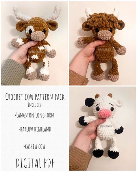 Crochet Cows Trio pattern- Longhorn cow, cow, and highland cow free crochet toy patterns amigurumi teddy bears #freecrochettoypatternsamigurumiteddybears #crochet #crochettoy #crochetpattern #crochetpatterns 1.1458 Longhorn Cow Crochet Pattern, Cowboy Baby Blanket Crochet, Super Bulky Yarn Patterns Crochet Amigurumi, Cow Snuggler Crochet Pattern Free, Off The Hook Yarn Projects, Western Crochet Ideas, Crochet Patterns Cow, Buffalo Bills Crochet, Crochet Highland Cow Free Pattern