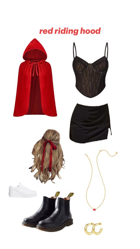 Red Riding Hood And The Wolf Costume, Hot Little Red Riding Hood Costume, Halloween Costumes With A Black Skirt, Halloween Costume With Black Skirt, Little Red Costume, Red Riding Hood Costume Women's, Diy Little Red Riding Hood Costume, Black Skirt Halloween Costumes, Little Red Riding Hood Makeup