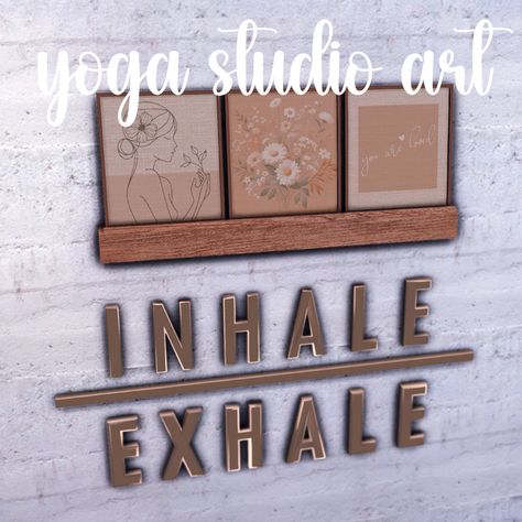 Yoga Studio Wall Art | Patreon Yoga Studio Sims 4, Sims 4 Sauna Cc, Sims 4 Yoga Studio, Sims 4 Cc Yoga, Wall Art Doodle, Sims Clutter, Sims Furniture, Free Sims 4, The Sims 4 Packs