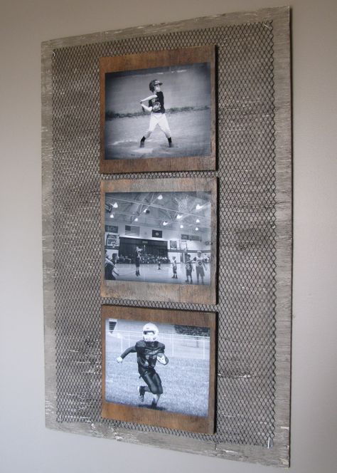 DIY Industrial boys room wall photo collage. I antigued an old wood board, cut metal, then mod podged black & white photos to individual wood boards. Industrial Boys Rooms, Wall Photo Collage, Baseball Bedroom, Industrial Wall Art, Sport Bedroom, Baseball Room, Teen Boy Room, Teen Boy Bedroom, Wall Photo