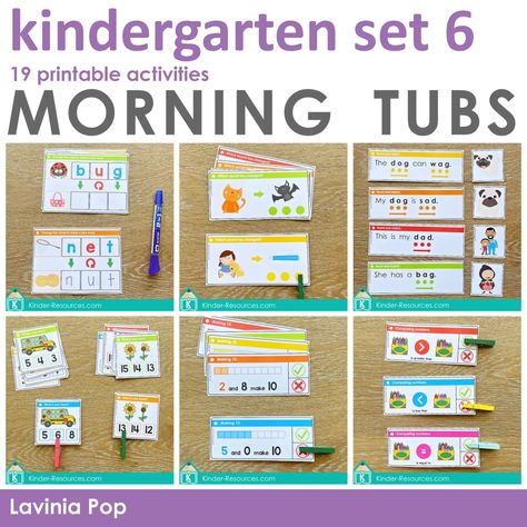 Kindergarten Morning Tubs | Bins Set 6. 19 printable math and literacy activities. FREEBIES to download on the blog. Morning Bins, Lavinia Pop, Middle Sounds, Kindergarten Freebies, Morning Tubs, Kindergarten Prep, Sight Word Reading, How To Teach Kids, Kindergarten Centers