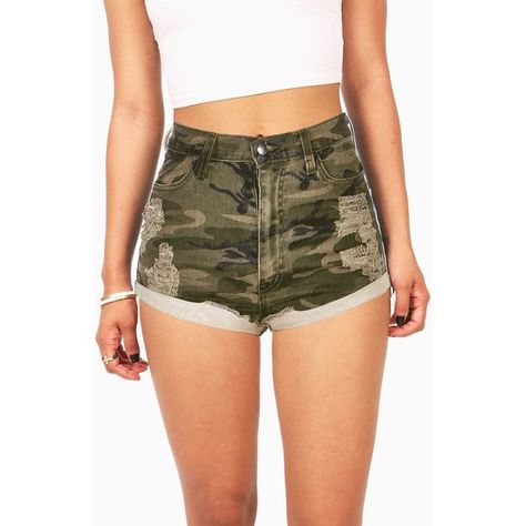 ! Rave Diy, Camo Shorts Outfit, High Waisted Ripped Shorts, Stretchy Jean Shorts, Distressed High Waisted Shorts, Edgy Glam, Destroyed Denim Shorts, Camouflage Shorts, Ripped Jean Shorts