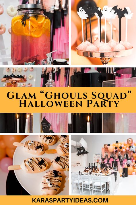 Kara's Party Ideas Glam "Ghouls Squad" Halloween Party | Kara's Party Ideas Halloween Glam Party, Glam Halloween Party, Halloween Event Ideas, Halloween Balloon Garland, Donut Board, Ghouls Night, Parties With Friends, Glam Halloween, Halloween Balloon