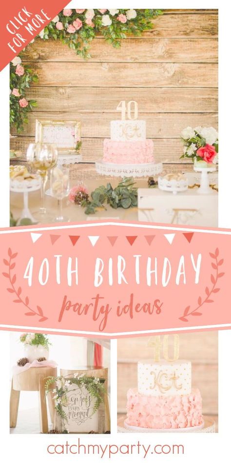 Take a look at this stunning floral 40th birthfday party! The dessert table is so pretty! See more party ideas and share yours at CatchMyParty.com #catchmyparty #partyideas #floralparty #rusticparty #40thbirthday #40thbirthdayparty Dessert Table Ideas 40th Birthday, Dessert Table Ideas, Birthday Drinks, Rustic Party, 40th Birthday Party, Birthday Party Activities, Rustic Cake, Floral Party, 40th Birthday Parties