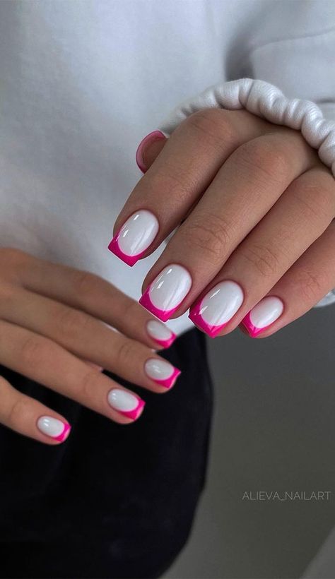 bright pink french tips, pink french tips, french tip nails, french manicure, modern french tips, french nails, french colored tips Short French Tip Nails, Nail Shapes Square, Gel Nail Set, Pink French Nails, Square French, French Tip Nail Designs, Short Coffin Nails, Pink French, Fake Nail