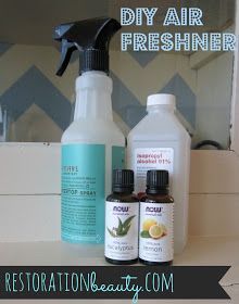 Restoration Beauty: DIY Air Freshener -1 cup water -2 tablespoons alcohol, vodka or rubbing alcohol (although I think 1 would be better) -20-30 drops essential oil/s (I used 25 drops of lemon and 15 drops eucalyptus- lovely combination) - mix alcohol and essential oil first, then add water Diy Room Spray Air Freshener, Diy Air Freshner, Diy Room Spray, Diy Air Freshener, Natural Air Freshener, Cleaners Homemade, Linen Spray, Diy Room, Rubbing Alcohol