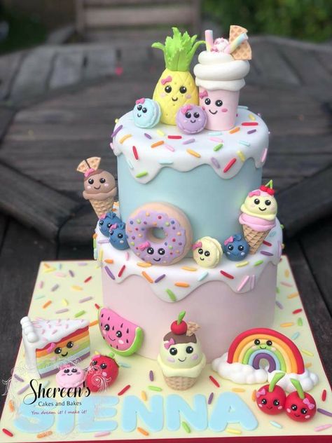 Cake With Gumballs, Kawaii Cake Ideas, Bolo Kawaii, Squishmallow Birthday Party Cake, Kawaii Cakes Birthday, Birthday Cake Kawaii, Kawaii Birthday Cake, Squishmallow Cake, Kue Disney