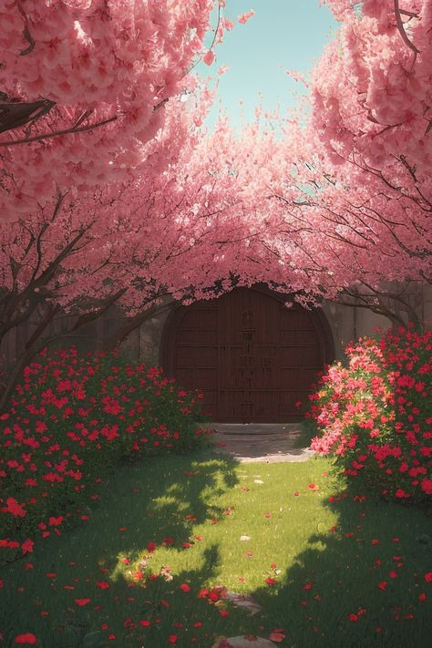 Flower garden, painting, anime style, anime scenery, anime garden, garden, anime flower, gate, sunlight Anime Garden Scenery, Anime Garden Aesthetic, Garden Anime Background, Anime Garden, Frontyard Landscape Layout, Flower Gate, Flower Garden Painting, Diy Fairy Garden Ideas, Gacha Background