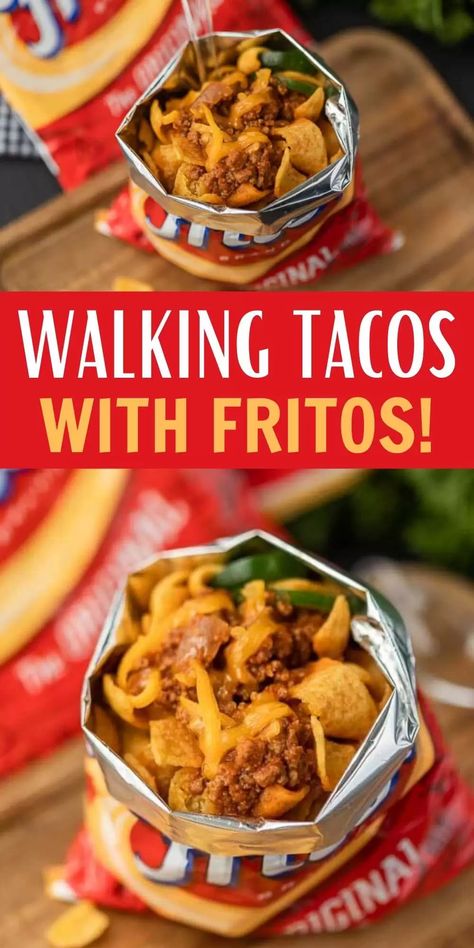 Walking taco frito chili pie - Learn how to make a walking taco Walking Tacos In A Bag, Recipe With Fritos, Frito Recipes, Tacos In A Bag, Cabin Recipes, Frito Recipe, Walking Tacos Recipe, Frito Pie Recipe, Frito Chili