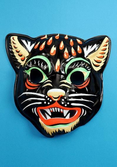 Black Cat Mask Halloween www.csaimages.com Mexican Mask, Plastic Mask, Spooky Stuff, Vintage Halloween Costume, Halloween Spooktacular, Image Chat, Uh Huh, Halloween Time, Vintage Halloween Decorations