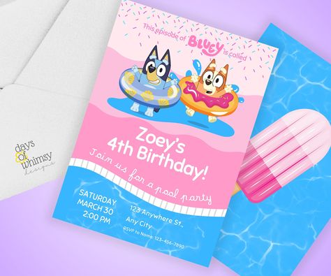 Bluey Pool Party Invitation, Sky Rainbow, Pool Party Birthday Invitations, Colorful Sky, Pool Party Invitations, 2nd Birthday Invitations, Kids Birthday Party Invitations, Pool Birthday Party, Canva Pro