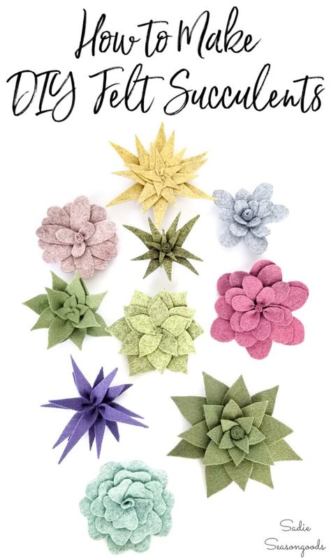 Felt succulents to use in centerpieces How To Make Paper Succulents, Felt Cactus Flower, Felt Succulents Template Free, Felt Succulents Template, Fabric Succulents, Diy Flower Decorations, Felt Plants, Decorations With Paper, Flowers For Beginners