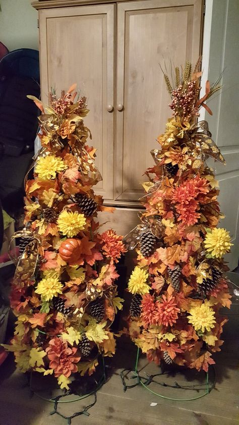 Fall trees are ready for this year! Tomato Cage Trees Fall, Fall Tomato Cage Crafts, Fall Cone Tree, Diy Fall Tree Branch, Fake Fall Tree Diy, Fall Tree Ideas, Faux Fall Tree, Fall Topiary Diy, Fall Light Up Tree